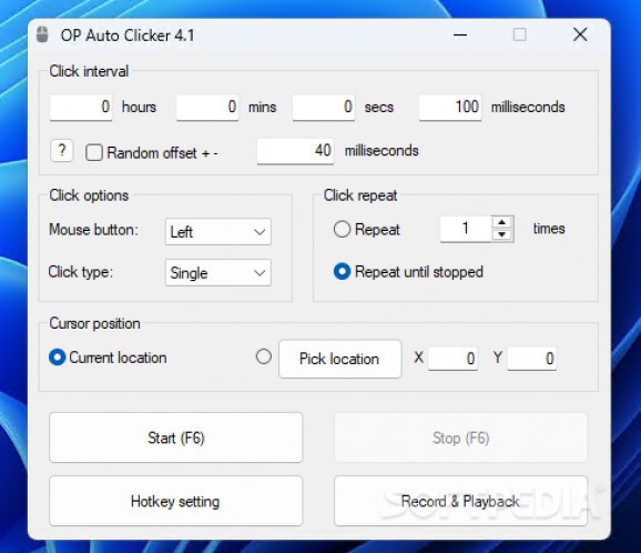 OP Auto Clicker 4.1 interface with click interval fields and Start F6 button