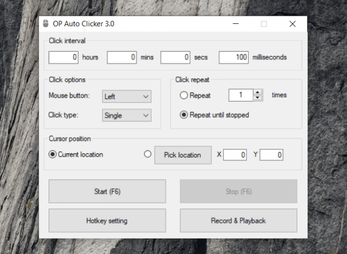 OP Auto Clicker home screen with all main control groups