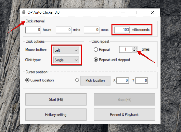 OP Auto Clicker with red callouts on interval, mouse button, click type, and repeat