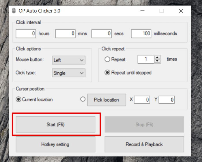 OP Auto Clicker Start F6 button highlighted in red